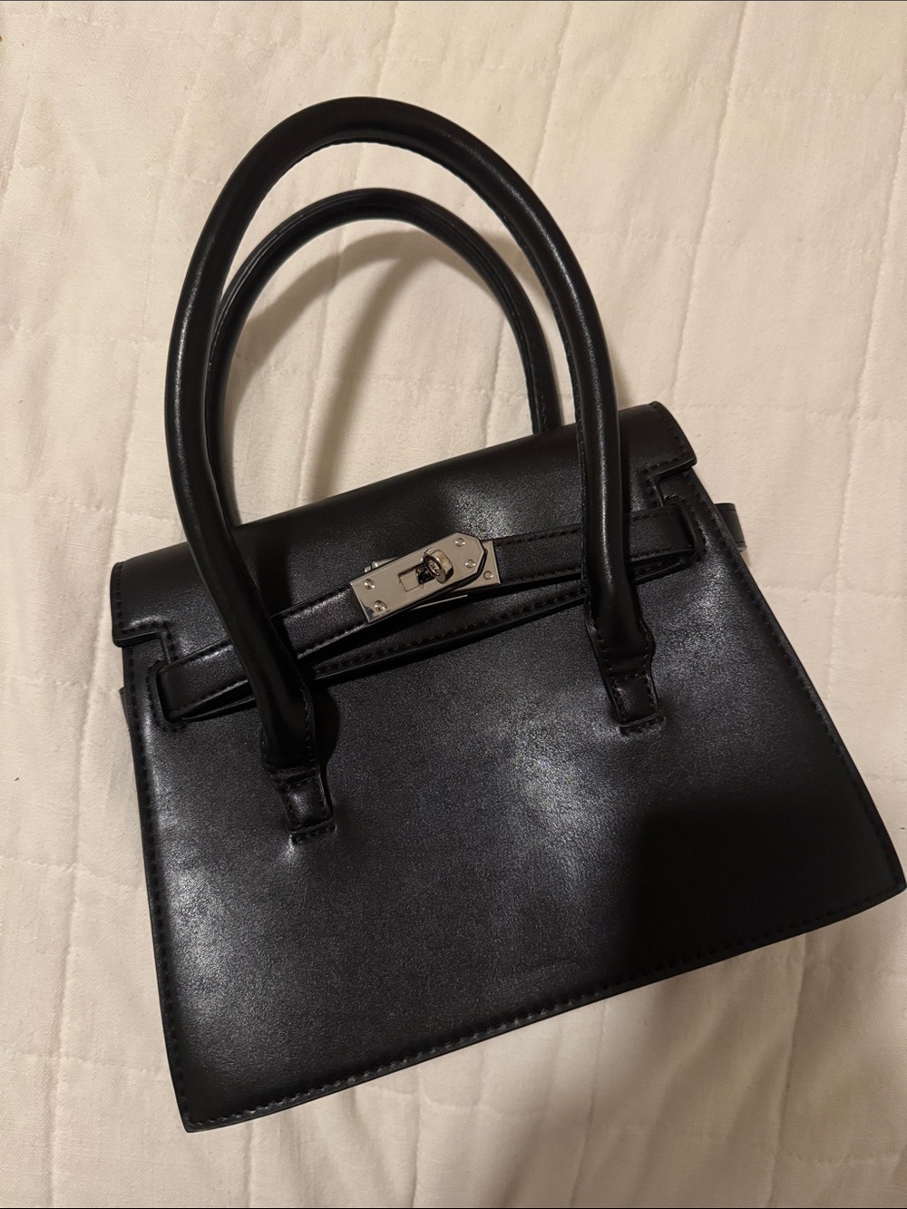 Structured Black Leather Satchel with Silver Turn-Lock